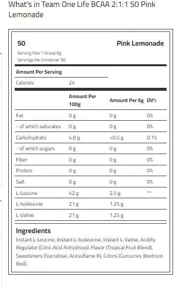 Team One Life BCAA 2:1:1, Pink Lemonade, 50, Optimal BCAA Ratio, Enhances Endurance