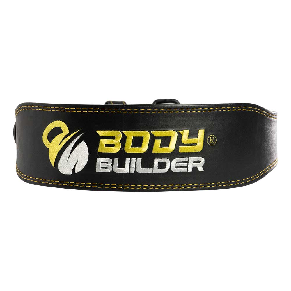 Body Builder Leather Belt With back Support, L, Black & Yellow, Comfortable Leather