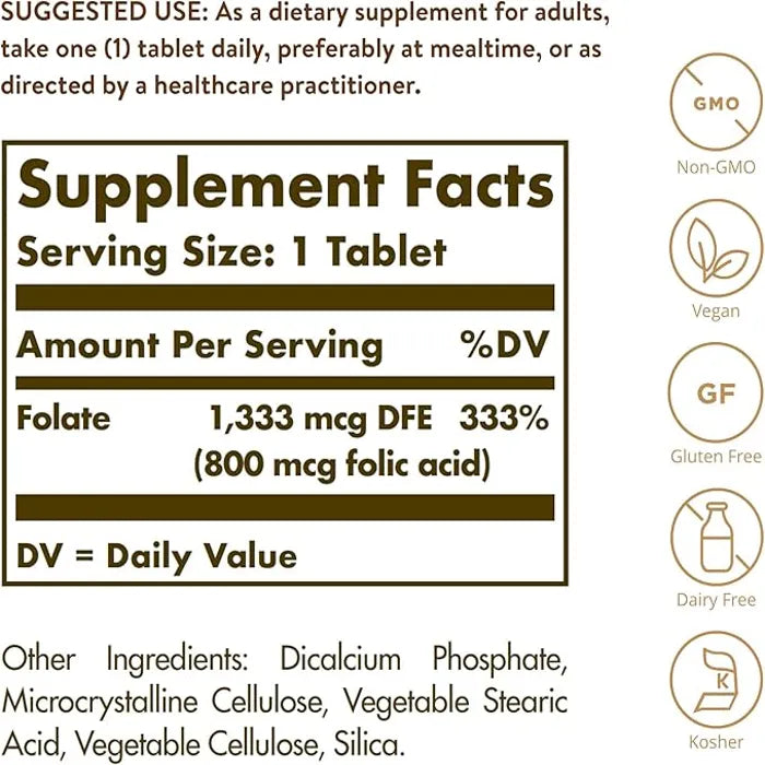 Solgar Folic Acid, 800 mcg, 250 Tablets, Prenatal Support, Promote Heart Health