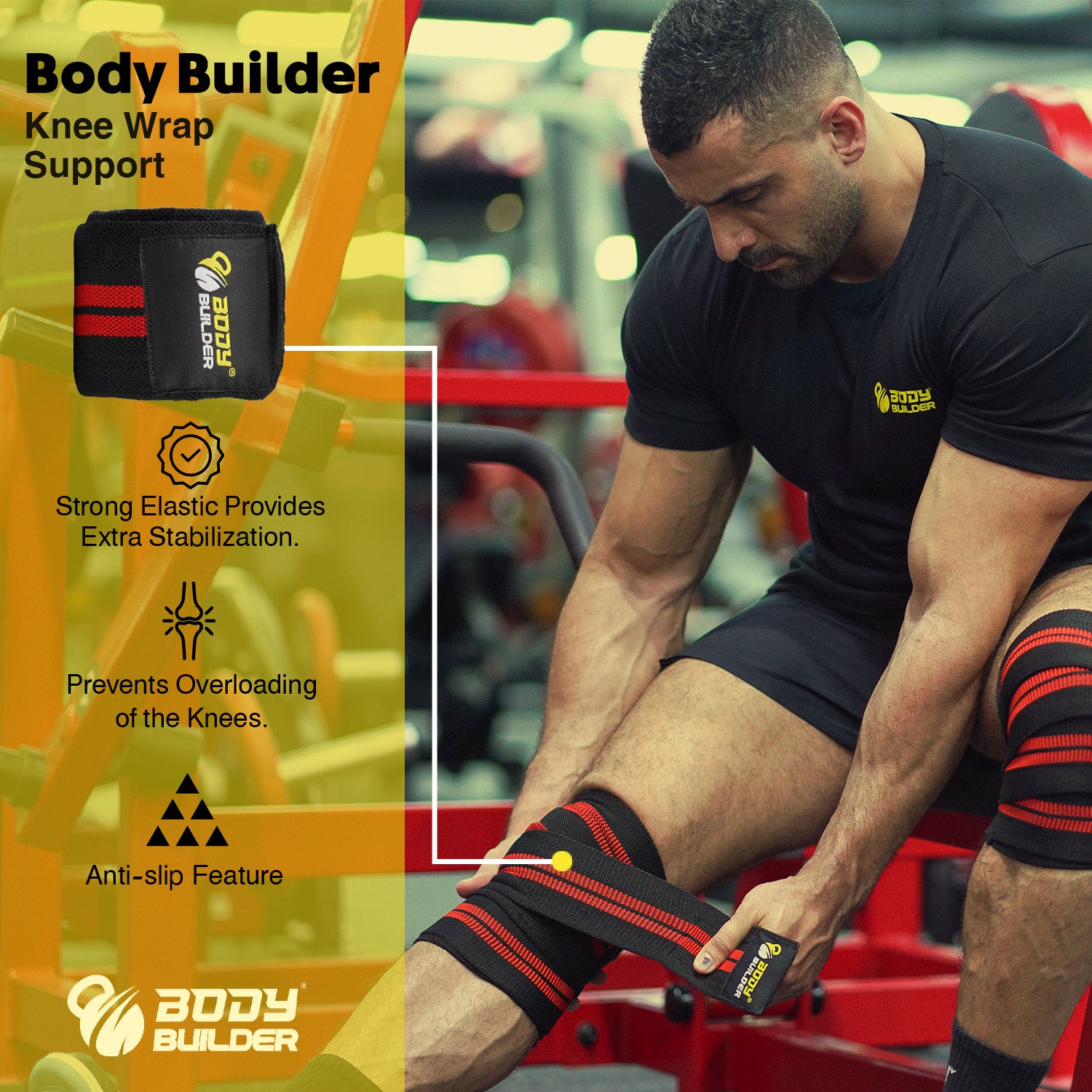 Body Builder Knee Wrap Support, Black & Red, Strong Elastic Provides Extra Stabilization