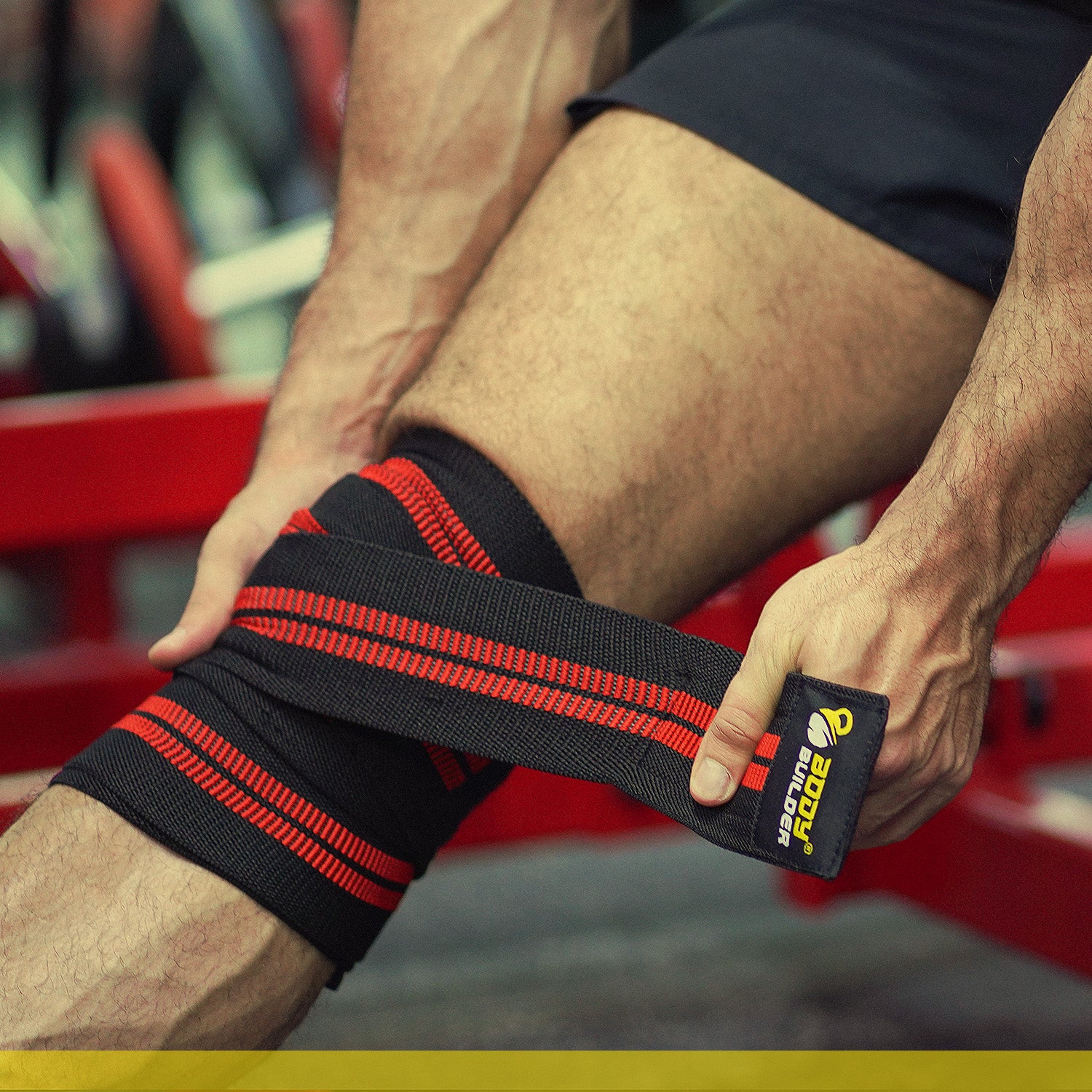 Body Builder Knee Wrap Support, Black & Red, Strong Elastic Provides Extra Stabilization
