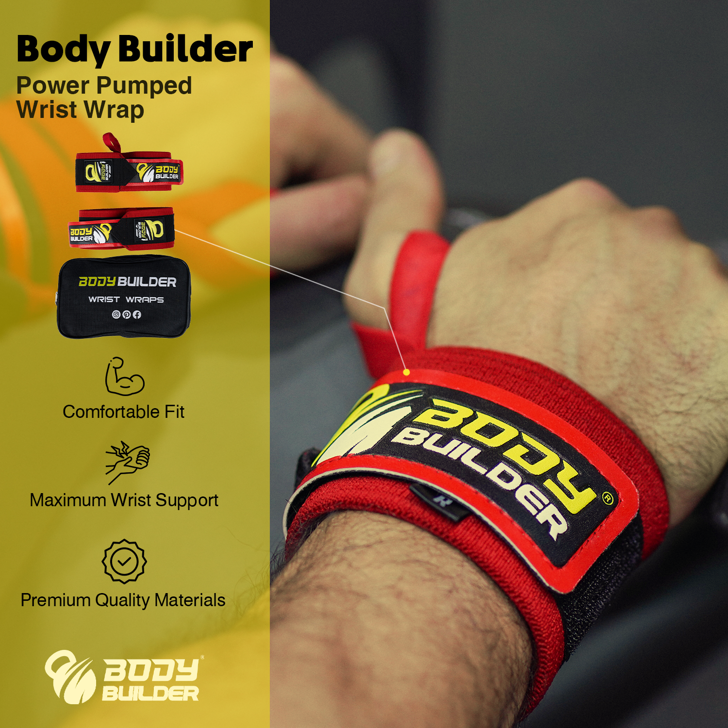 Body Builder Power Pumped Wrist Wrap, 1 Piece, Comfortable Fit, Maximum Wrist Support