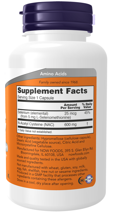 Now NAC, 100 Veggie Capsules, 600 mg, With Selenium & Molybdenum, Maintains Cellular Health