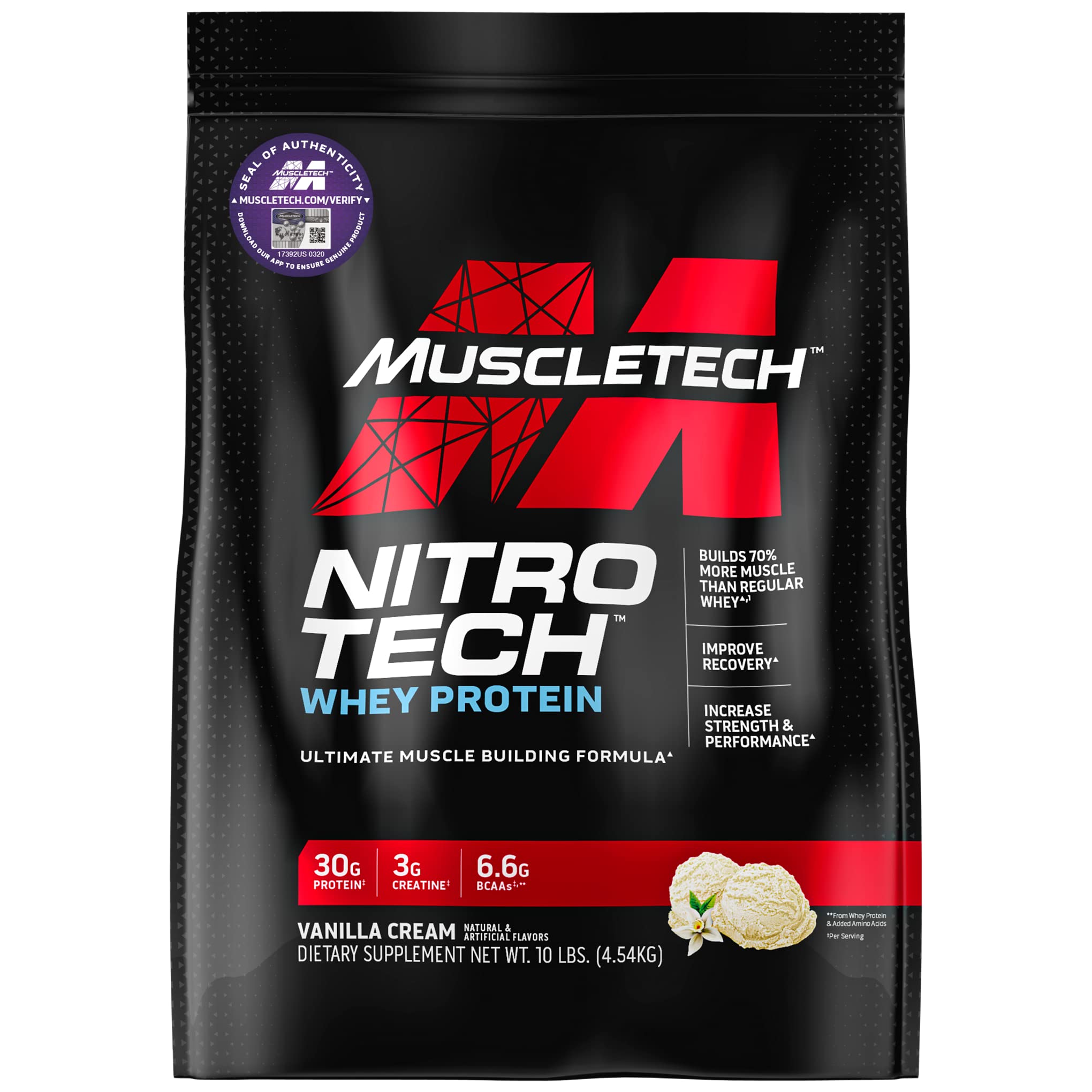 Muscletech Nitro Tech Whey Protein, Vanilla, 10 LB, Enhance Muscle & Strength & Performance