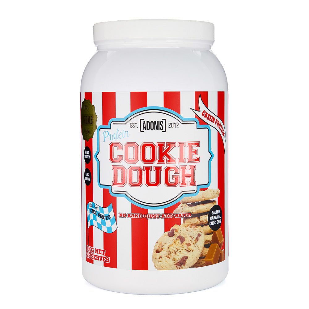 Adonis Protein Cookie Dough, Salted Caramel Choc Chip, 1 kg, Fat 3.3g Carbs 6.1g Calories 143