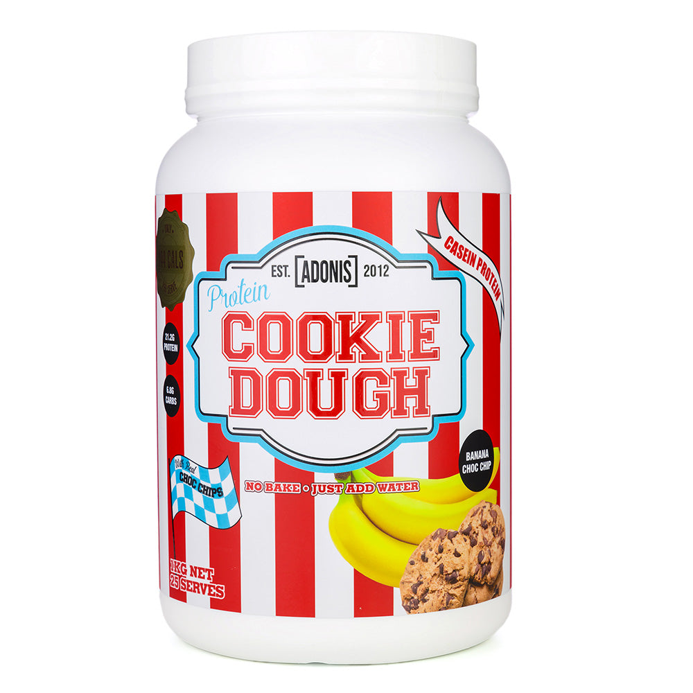 Adonis Protein Cookie Dough, Banana Choc Chip, 1 kg, Fat 3.3g Carbs 6.1g Calories 143