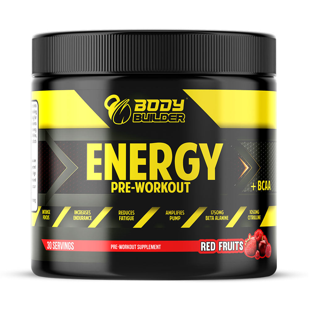 Body Builder Energy Pre workout Plus BCAA, Red Fruit, 30, Intense Focus