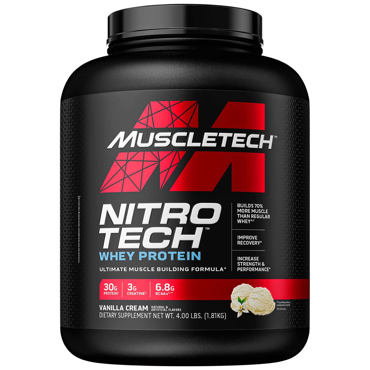 Muscletech Nitro Tech Whey Protein, Vanilla Cream, 4 LB, Enhance Muscle & Strength & Performance