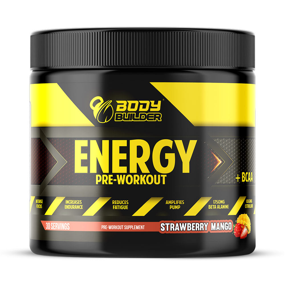 Body Builder Energy Pre workout Plus BCAA, Strawberry Mango, 30, Intense Focus