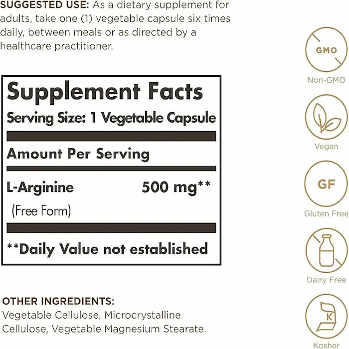 سولجار إل-أرجينين، 500 مجم، 100 كبسولة نباتية، لدعم الجهاز المناعي 