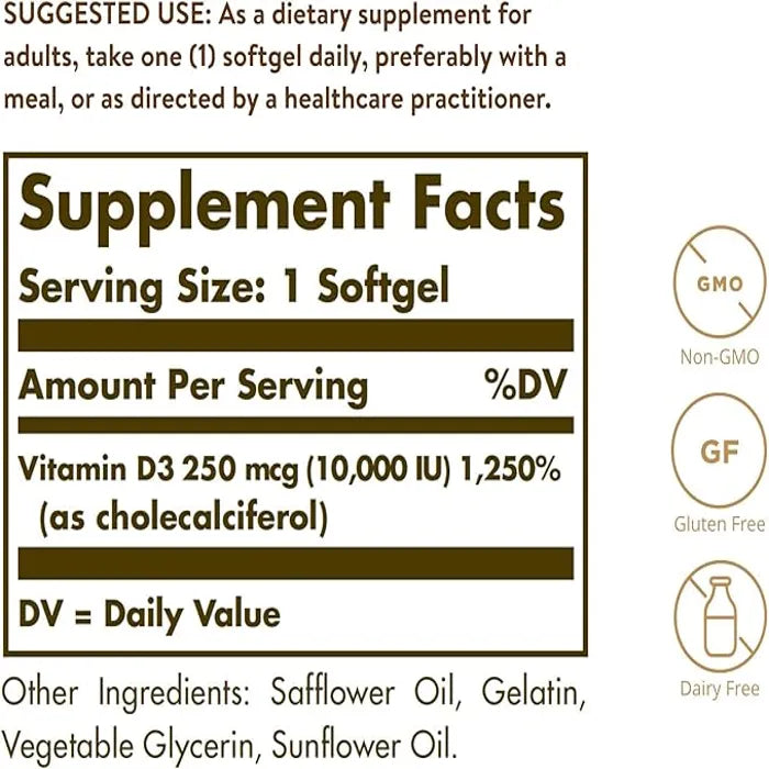 Solgar Vitamin D3 (Cholecalciferol), 250 mcg 10,000 IU, 120 Softgels, Promote Calcium Absorption