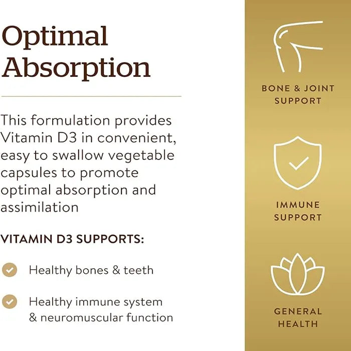 فيتامين د3 (كوليكالسيفيرول) من سولجار، 5000 وحدة دولية، 120 كبسولة نباتية، يعزز امتصاص الكالسيوم 