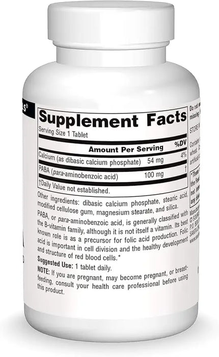 Source Naturals PABA , 100 mg, 100 Tablets, Supports The Production of Folic Acid