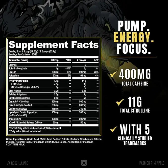 RYSE Godzilla Pre Workout, Passion Pineapple, 40, Pump & Energy, Strength & Focus