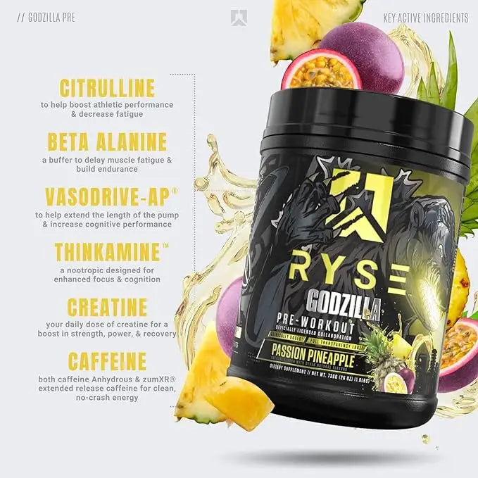 RYSE Godzilla Pre Workout, Passion Pineapple, 40, Pump & Energy, Strength & Focus