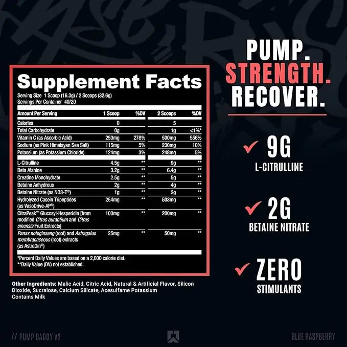 RYSE Pump Daddy V2 Non Stim Pre Workout, Blue Raspberry, 40, Non Stimulant