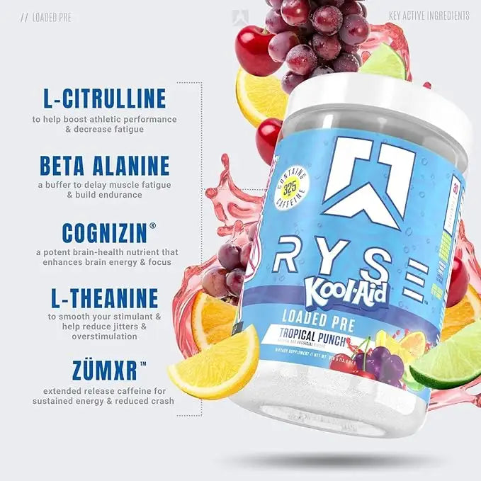 RYSE Loaded Pre Workout, Kool Aid Tropical Punch, 30, Maximize Pump, Explosive Energy