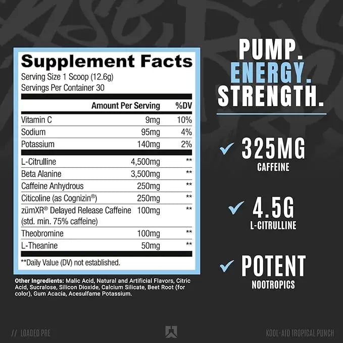 RYSE Loaded Pre Workout, Kool Aid Tropical Punch, 30, Maximize Pump, Explosive Energy