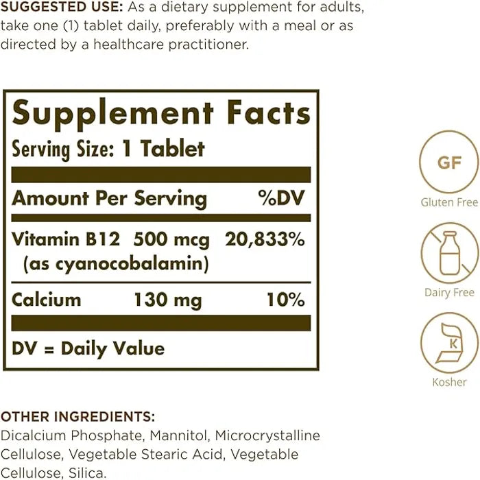 سولجار فيتامين ب12، 500 ميكروجرام، 100 قرص، يدعم وظائف المخ وإنتاج خلايا الدم الحمراء 
