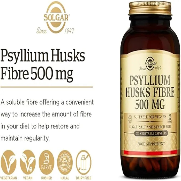 Solgar Psyllium Husks Fiber, 500 mg, 200 Vegetable Capsules, Boost Satiety