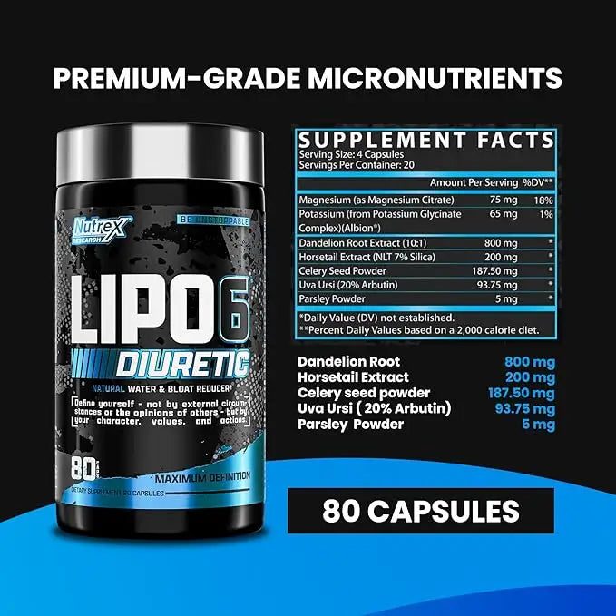 Nutrex Research Lipo-6 Black Diuretic, 80 Capsules, Helps to Reduce Bloat