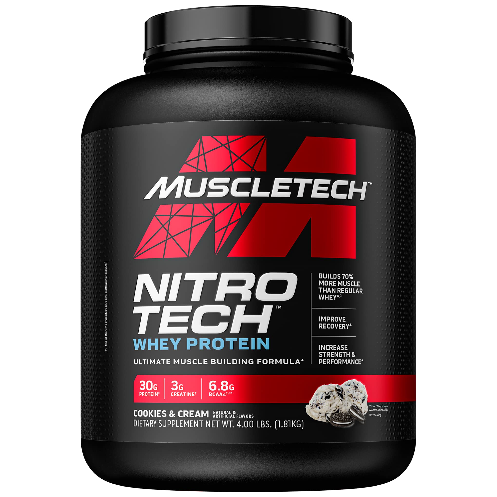 Muscletech Nitro Tech Whey Protein, Cookies and Cream, 4 LB, Enhance Muscle & Strength & Performance