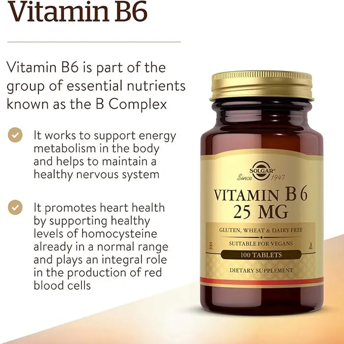 Solgar Vitamin B6, 25 mg, 100 Tablets, Maintain a Healthy Nervous System