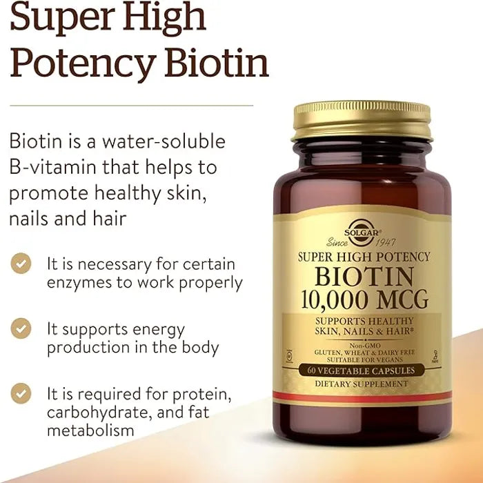 Solgar Biotin, 60 Vegetable Capsules, 10000 mcg, Supports Energy Production