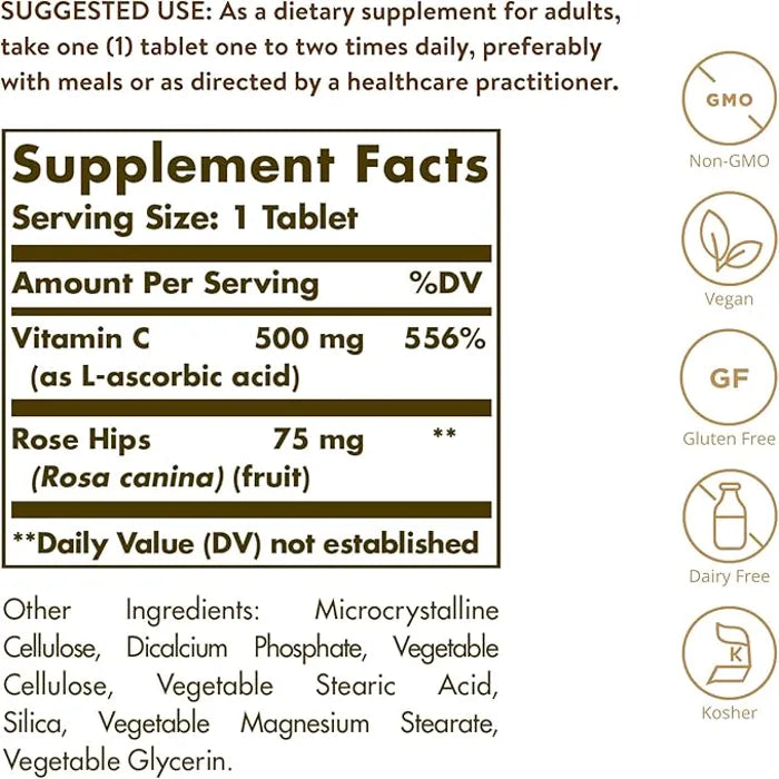 Solgar Vitamin C With Rose Hips, 500 mg, 100 Tablets, An Antioxidant, Support Immune System