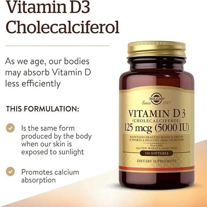 Solgar Vitamin D3 (Cholecalciferol), 5000 IU, 100 Softgels, Promote Calcium Absorption