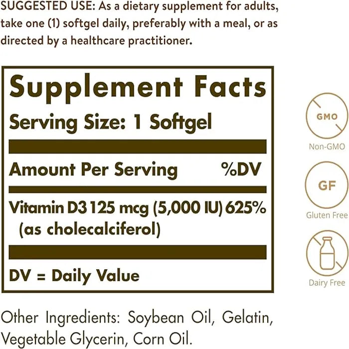 Solgar Vitamin D3 (Cholecalciferol), 5000 IU, 100 Softgels, Promote Calcium Absorption