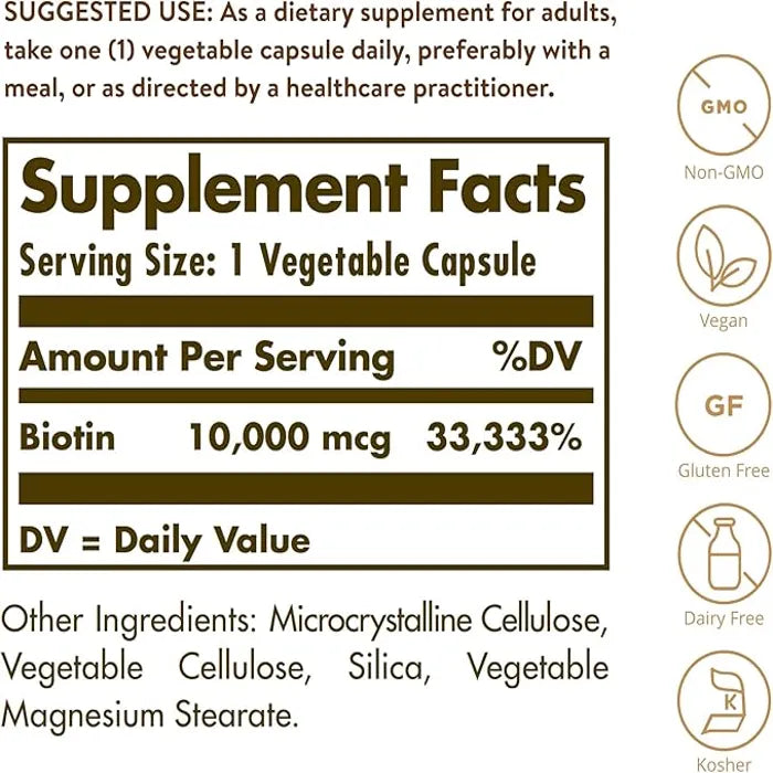 Solgar Biotin, 120 Vegetable Capsules, 10000 mcg, Supports Energy Production