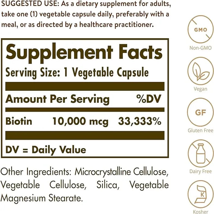 Solgar Biotin, 60 Vegetable Capsules, 10000 mcg, Supports Energy Production