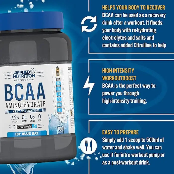 مكمل غذائي BCAA Amino Hydrate من Applied Nutrition، نكهة Icy Blue Raz، 100 وجبة، لتجديد الإلكتروليتات