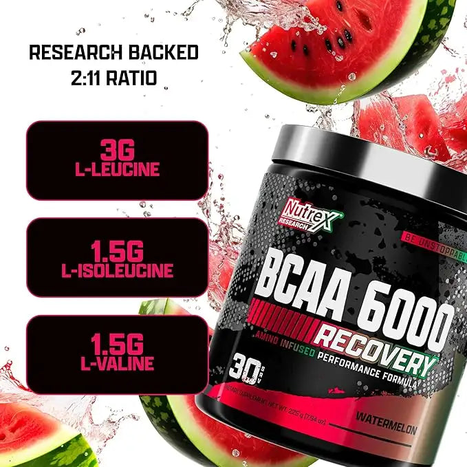 Nutrex Research Bcaa 6000, Watermelon, 30, Faster Muscle Recovery, Delayed Workout Fatigue