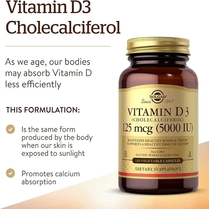 Solgar Vitamin D3 (Cholecalciferol), 5000 IU, 120 Vegetable Capsules, Promote Calcium Absorption