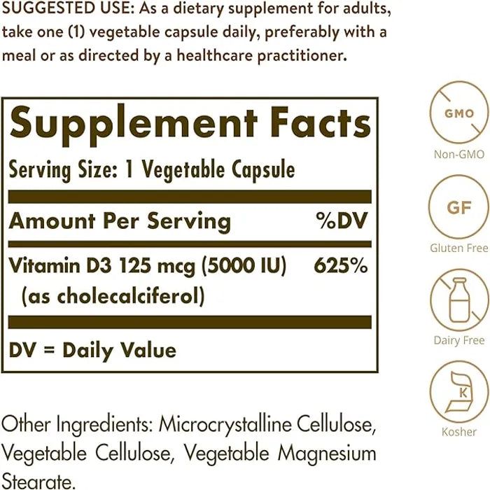 Solgar Vitamin D3 (Cholecalciferol), 5000 IU, 120 Vegetable Capsules, Promote Calcium Absorption