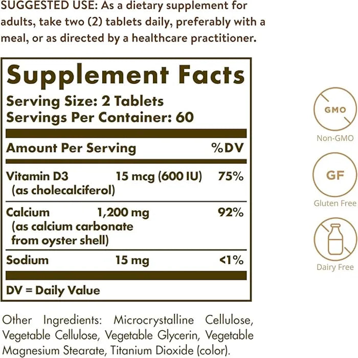 Solgar Calcium 600 From Oyster Shell With Vitamin D3, 240 Tablets, Promotes Bone Health