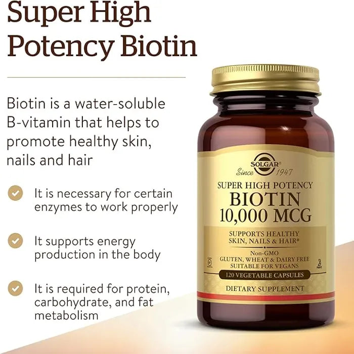 Solgar Biotin, 120 Vegetable Capsules, 10000 mcg, Supports Energy Production