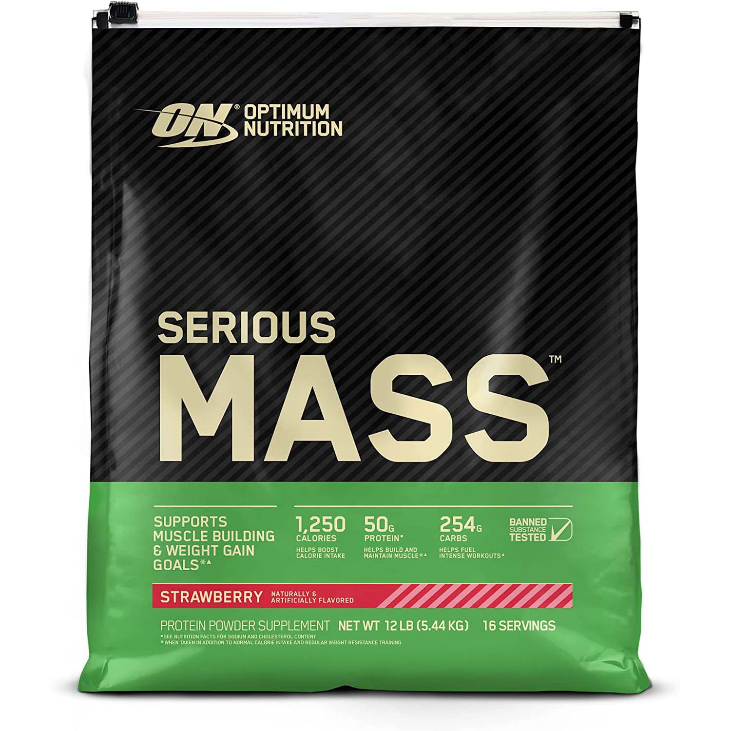 Optimum Nutrition Serious Mass, Strawberry, 12 LB, 1,250 CALORIES, 50g Protein Blend