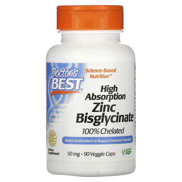 Doctor's Best High Absorption Zinc Bisglycinate 100% Chelated, 90 Veggie Capsules, 50 mg