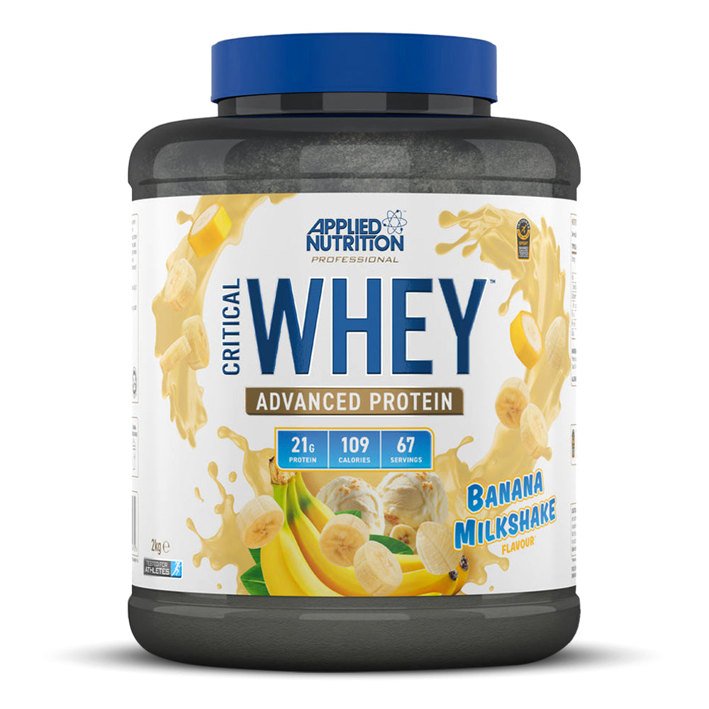 مزيج بروتين مصل اللبن Critical Whey Blend من Applied Nutrition، ميلك شيك الموز، 2 كجم، مستويات عالية من البروتين والأحماض الأمينية المتفرعة السلسلة