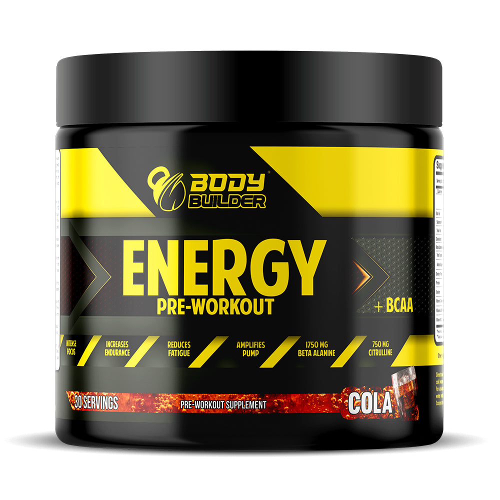 Body Builder Energy Pre workout Plus BCAA, Cola, 30, Intense Focus, Increases Endurance