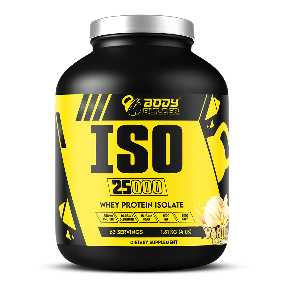 Body Builder Iso 25000، آيس كريم الفانيليا، 4 رطل، 25 جرامًا من بروتين مصل اللبن لكل وجبة