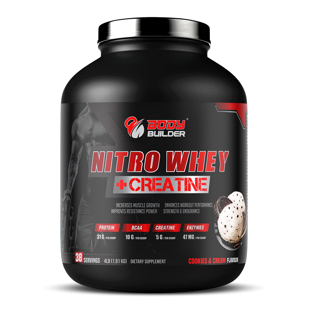 Body Builder Nitro Whey + Creatine، كوكيز وكريمة، 4 رطل، نمو العضلات الهزيلة