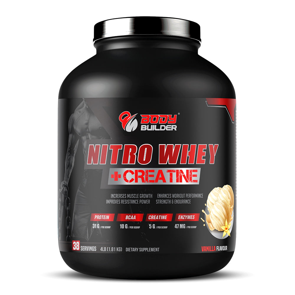 مكمل غذائي لبناء العضلات من Body Builder Nitro Whey + Creatine، بنكهة الفانيليا، 4 أرطال، لنمو العضلات الهزيلة