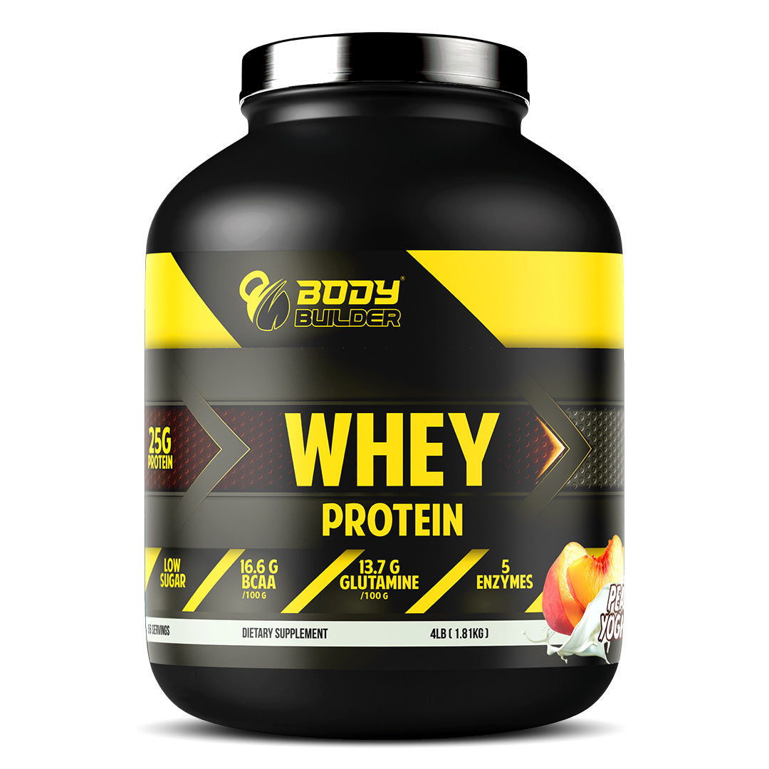 Body Builder Whey Protein, Peach-Yoghurt, 4 LB, 25 g of Whey Protein Per 1 Scoop