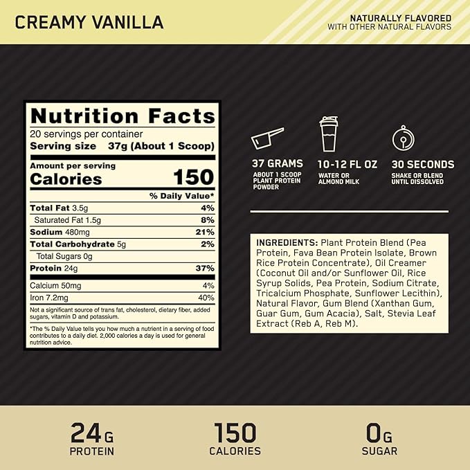 Gold Standard 100% Plant Protein 740g - Creamy Vanilla - nutrimarketae