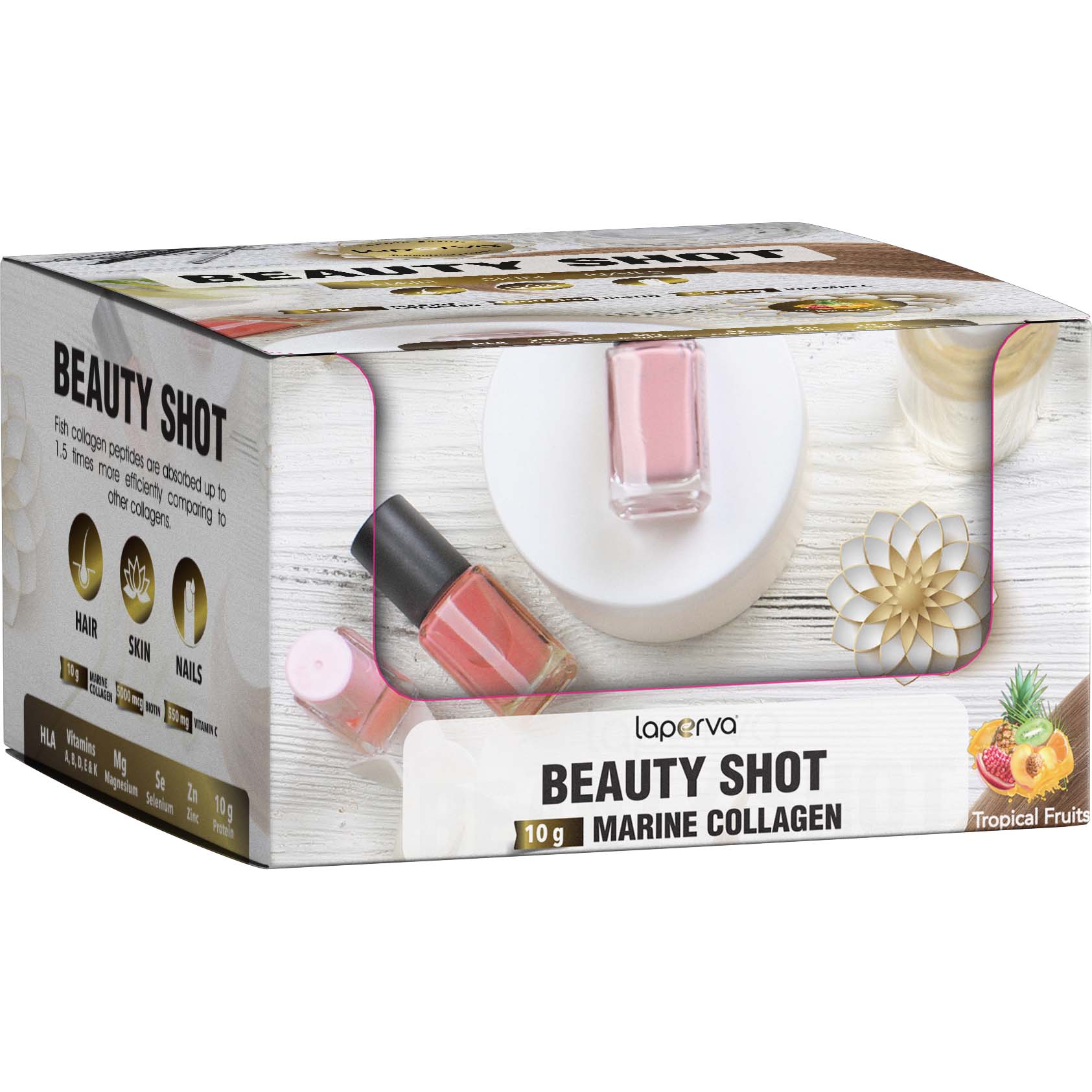 Laperva Beauty Shot Marine Collagen, Box of 12 Shots, Tropical Fruits, 10 Grams of Marine Collagen