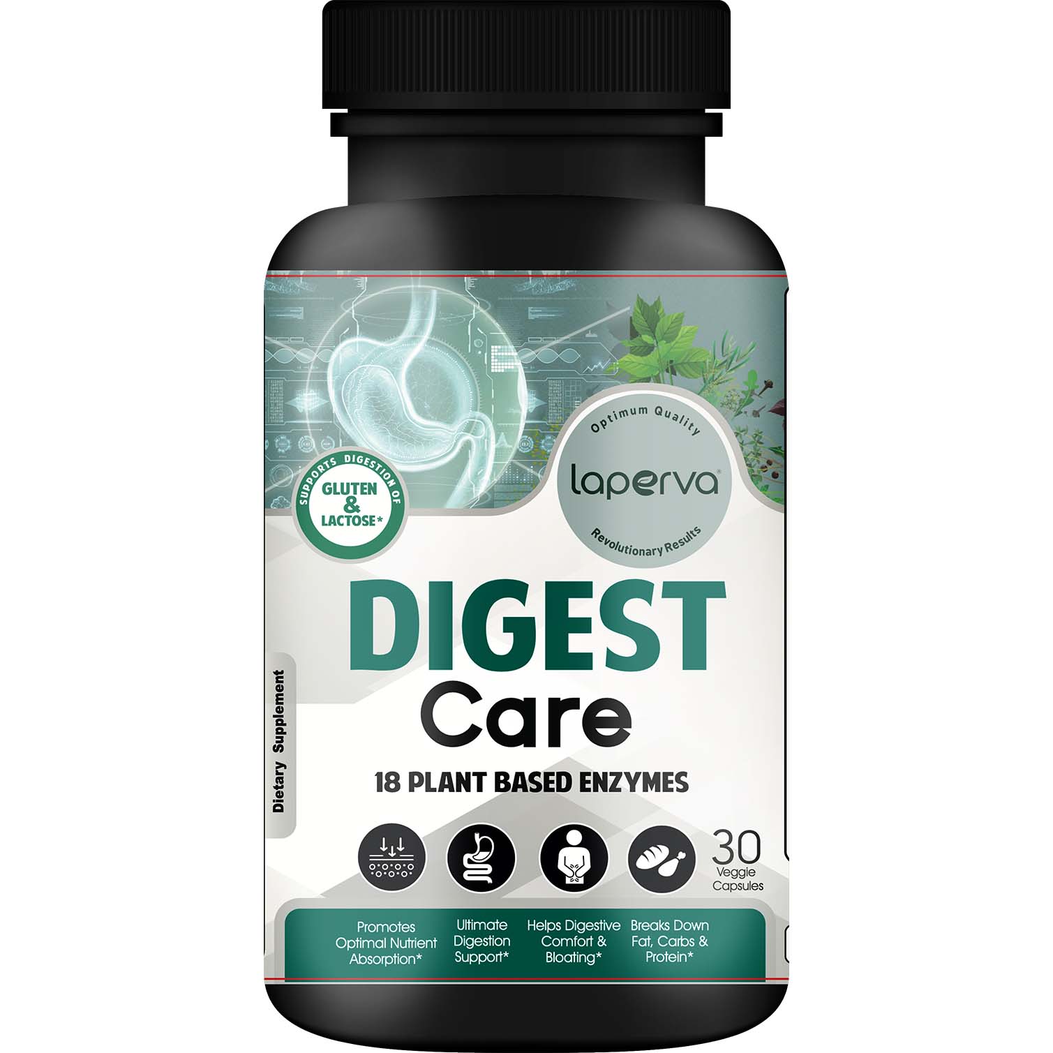Laperva Digest Care 18 Plant Based Enzymes, 30 Veggie Capsules, Support Digestion of Lactose and Gluten